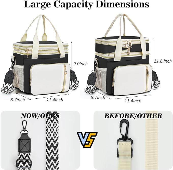 LOKASS Lunch Bag& Lunch Box for Men Women Double Deck,Large Insulated Adult Lunch Box Leakproof Lunchbox Cooler Bag for Work Picnic Beach,（Black&White）