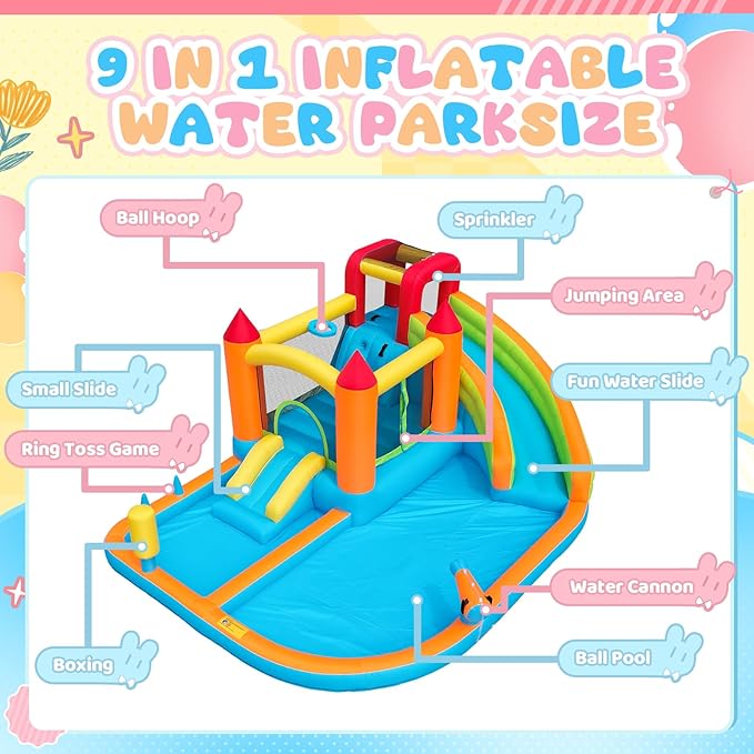 Inflatable Bounce House, Inflatable Water Slide, Inflatable Water Park for Backyard, Bouncy House with Slide, Bounce House for Kids 3-6, Waterslide, Water Bounce House with Pool, Indoor and Outdoor