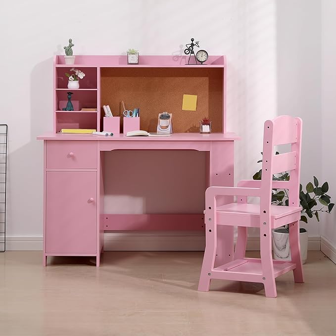 Garvee Kids Desk, Study Desk and Chair Set for Boys and Girl, Wooden Kids Writing Table with Bookshelf, Bulletin Board, Cabinet and Drawer for Ages 3-8, Pink
