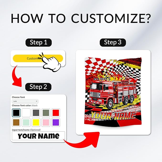 Boys Blanket, Fire Truck Blanket for Boys, Personalized Throw with Name, Custom Car Gifts for Kids, Warm Fleece Throw for Couch & Sofa, 30"x40"