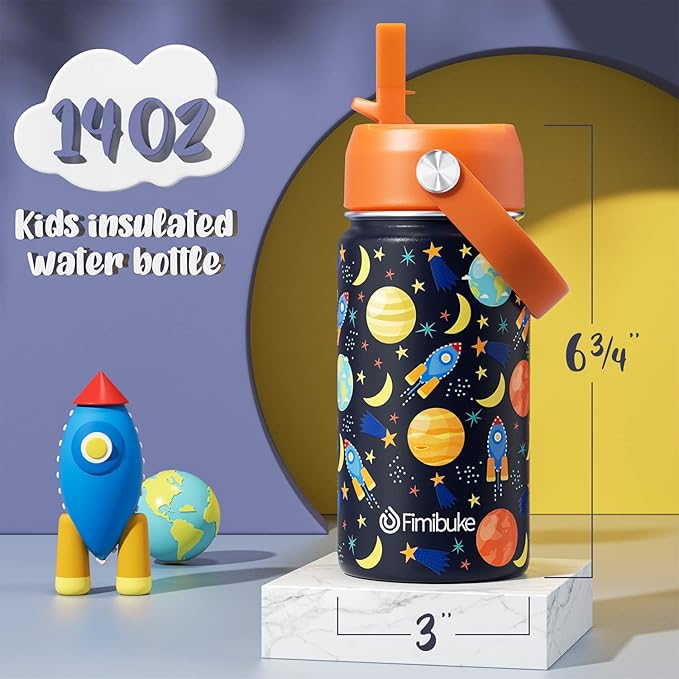 Fimibuke Kids Insulated Water Bottle, 14oz BPA FREE 18/8 Stainless Steel Travel Tumbler Double Wall Vacuum Leak Proof Kids Cup with Straw Metal Water Bottle for School Boys Girls(1 Pack, Space)