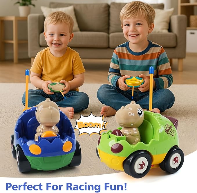 2-Pack Remote Control Dinosaur Cars for Kids – Best Birthday Gifts for Boys Ages 2 3 4 5 Year Old, Electric RC Dino Car Toys for Toddlers 18+ Months with Lights and Music