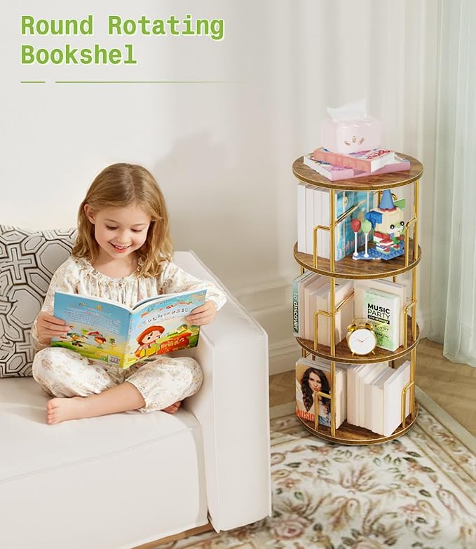 3 Tier Rotating Bookshelf Tower Round Gold,37” Floor Standing Spinning Bookshelf Tower Anti-Tipping Design,Metal & Wood Revolving Bookcase Stackable Space Saving for Small Spaces,Study,Living Room