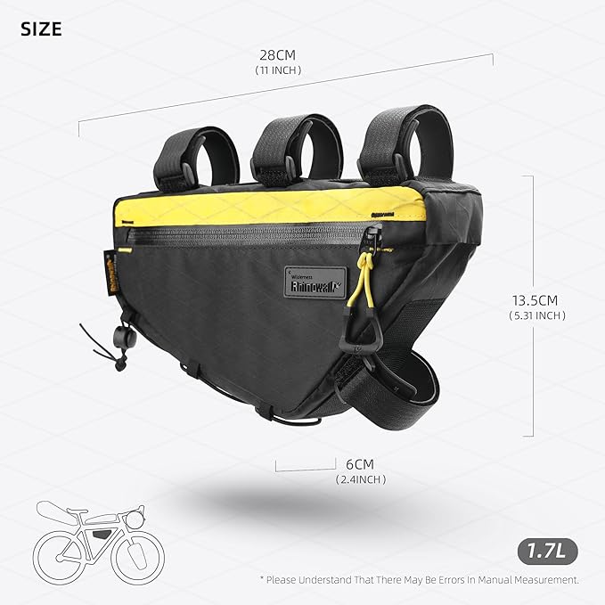 Rhinowalk Bike Triangle Frame Bag 1.7L, Waterproof Tool & Gear Bag with YKK Zippers, Cable Port & Pump Holder, Slim Fit – Black+Yellow