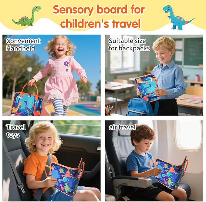 Toddler Montessori Busy Board - Dinosaur Learning Activity Toy, Boys Gift, Sensory Learning Toy for Toddlers, Educational Busy Book for Toddlers, Travel Toy (Blue)