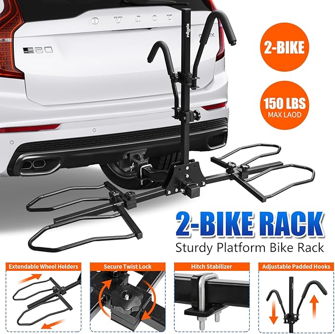 2" Hitch Mount Bike Rack, 2 Bike Folding Tiltable Platform Style Carrier 150lbs for Standard, Fat Tire, and Electric Bicycles with Hitch stabilizer,Trailer Hitch Lock, 2 Ratchet Straps
