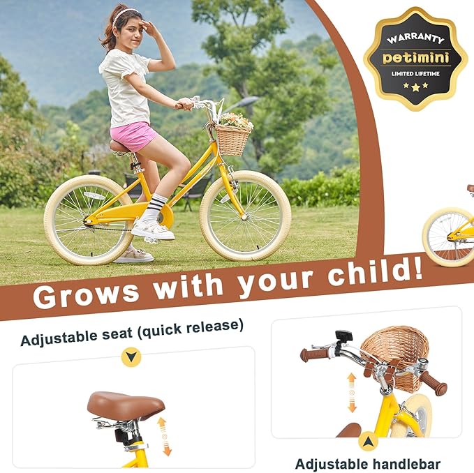 Petimini Girls Bike with Basket for 2-12 Years Old Kids, 12 14 16 18 20 Inch Bicycle with Bell Training Wheels Basket, Multiple Colors