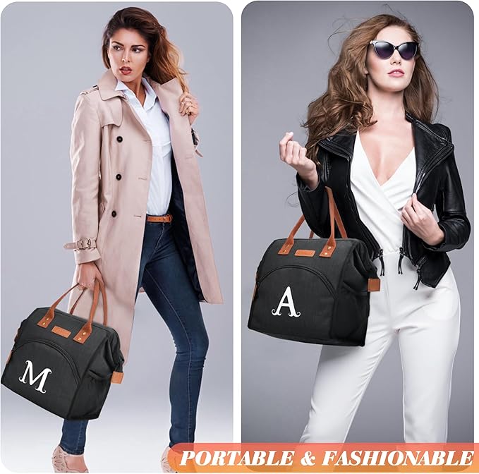 Personalized Lunch Box for Women, Initial Reusable Insulated Lunch Bag, Wide-Open Adult Lunchbox Cooler Lunchbag, Leakproof Lunch Tote for Picnic Work Outdoors, Christmas Gift for Women, Black - U