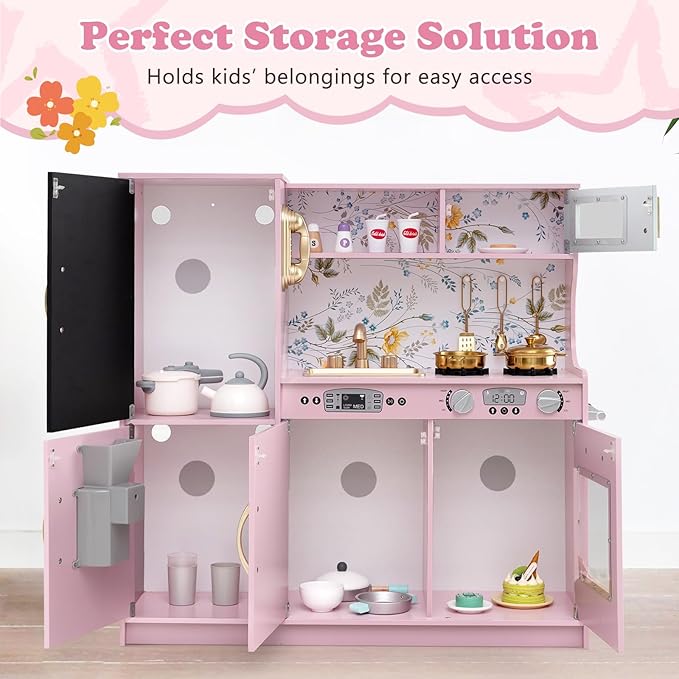 Costzon Kids Kitchen Playset, Wooden Pretend Cooking Toy Set w/Sound, Large Blackboard, Telephone, Microwave, Ice Maker, Dishwasher, Oven, Storage Space, Play Kitchen for Kids Ages 3+ (Light Pink)