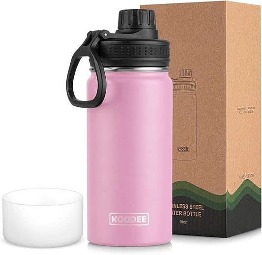 koodee 16 oz Water Bottle-Stainless Steel Double Wall Vacuum Insulated Wide Mouth Water Bottle with Leakproof Spout Lid (Pink)