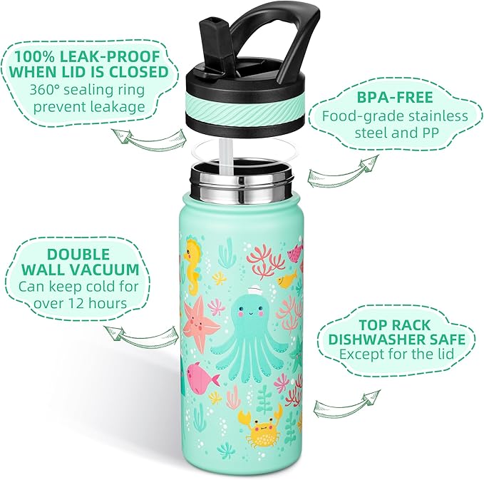 Fanhaw 18 Oz Kids Insulated Water Bottle with Straw - Stainless Steel Double Wall Vacuum Cup, Leakproof, BPA Free, Suitable for Boys and Girls(Green - Octopus)