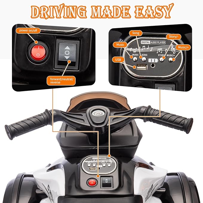 Xinyonxin 12V Kids Electric ATV, 3-Wheeler Motorcycle Ride on Toys for Toddlers w/Music, LED Lights, USB, One-Button Start, Forward/Reverse, Electric All-Terrain Car, Gift for Age 3+ (White)