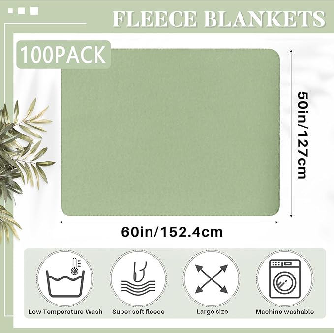 Newwiee 100 Pcs Fleece Throw Blankets Bulk Outdoor Wedding Guest Gifts Soft Lightweight Sleepover Lap Blankets Pet Home Sofa Couch Office Donation Homeless, 50 x 60 Inch (Sage Green)