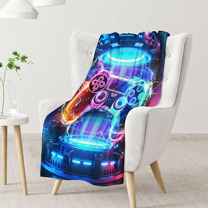 Gamer Gifts for Boys - Furry Comfort Colorful Gaming Throw Blanket - 30" x 40" Inches Lap Size for Chair & Office - Aesthetic Gaming Blankets Gift
