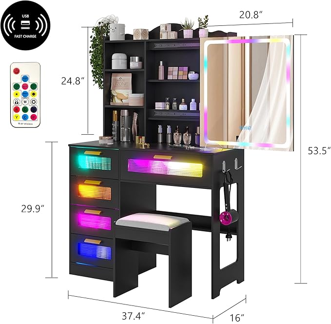 HNEBC Vanity Desk with Sliding Mirror and LED Lights, RGB Vanitys with Charging Station, Makeup Vanitys with Remote Control, White Dresser with Stool/Lager Drawers for Bedroom (Black)