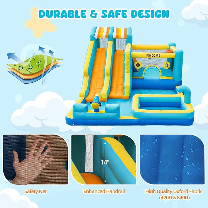 Inflatable Bounce House, 10 in 1 Double Water Slide Bounce House with 750W Blower, Climbing Wall, Jumping, Water Gun, Splash Pool, Basketball Hoop for Kids Indoor Outdoor Backyard