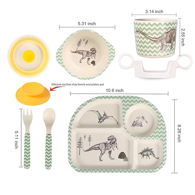shopwithgreen 7Pcs/Set Bamboo Kids Dinnerware Set - Children Dishes - Food Plate Bowl Cup Spoon Fork Set Dishware, Cartoon Tableware, Dishwasher Safe Kids Healthy Mealtime, BPA Free