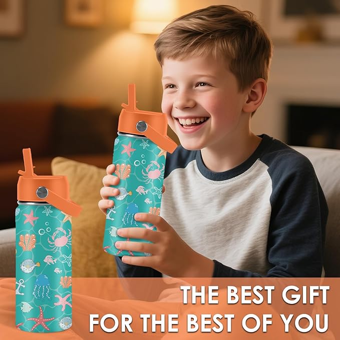 Ocean Gifts for Kids - 16 Oz Green Water Bottle with Straw Lid, Stainless Steel Insulated Tumbler, Leak Proof, BPA-Free, for Girls & Boys, School, Beach - Marine Life Lovers Birthday Gifts (1pc)