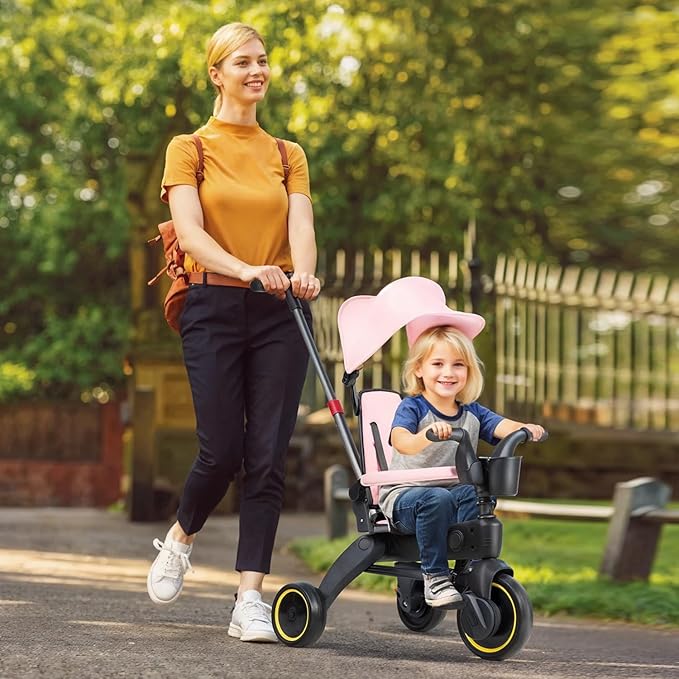 5-in-1 Compact, Foldable Tricycle - Suitable for Toddlers 10 to 36 Months Push Tricycle Bike for Toddlers with Removable Handle Seat Adjustable Canopy for Kids Pink