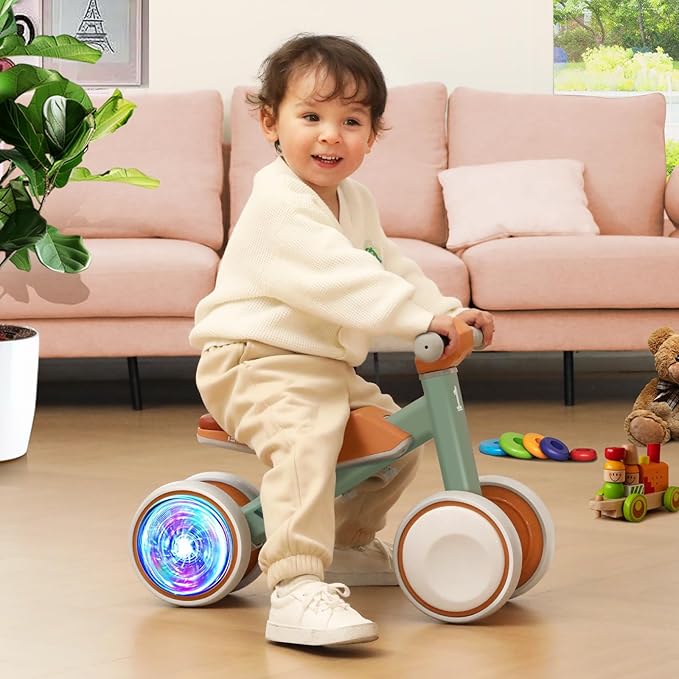 Baby Balance Bike for 1 Year Old Boys and Girls – Toddler First Bike with Colorful Lighting, 4 Wheels Safe Indoor Ride On Toy for 12-24 Months, First Birthday Gift