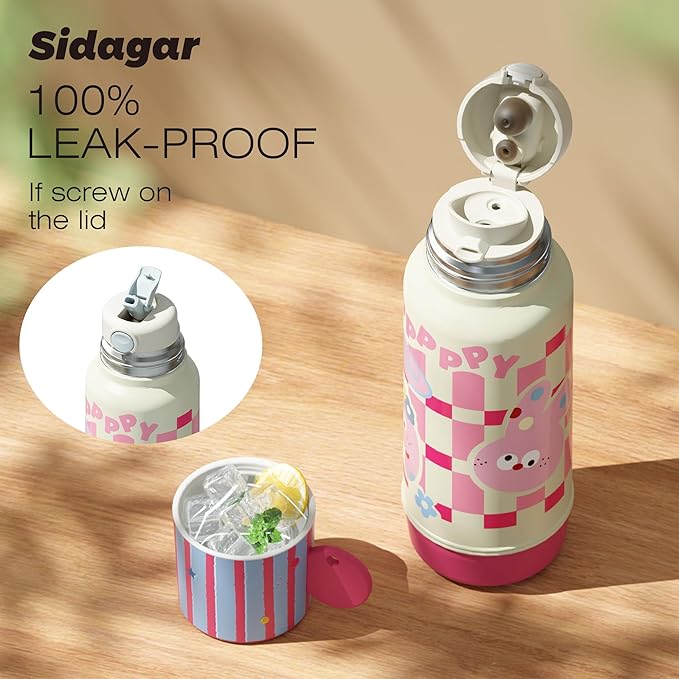 20 oz Cute Tumbler witn Lid and Straw, Insulated Stainless Steel Kids Water Bottle with Strap, Travel Leak Proof Coffee Cup, Rabbit