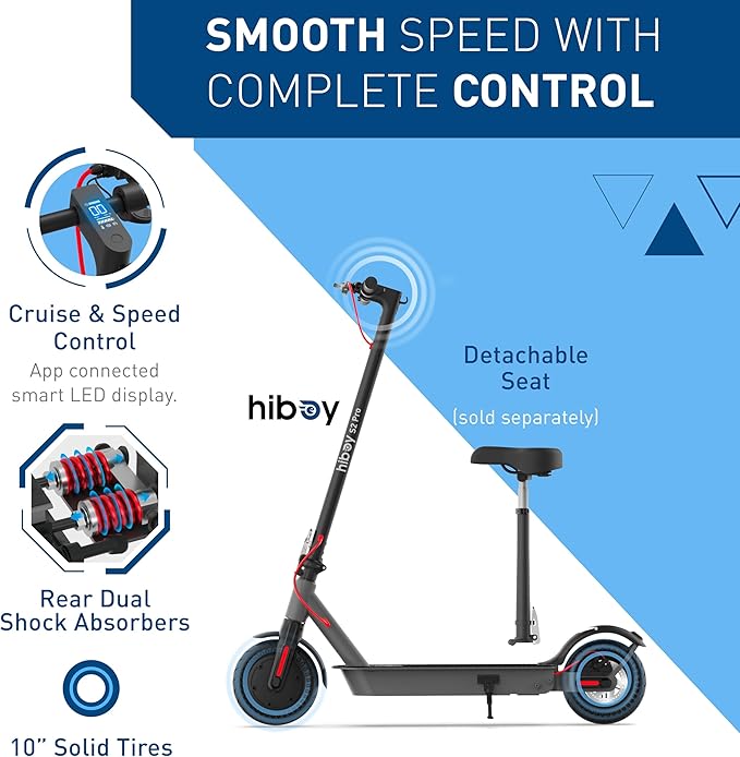 Hiboy S2 Pro/S2 MAX Electric Scooter, 500W Motor, 10" Solid Tires, 25-40.4 Miles Range, 19 Mph Folding Commuter Electric Scooter for Adults (Optional Seat)