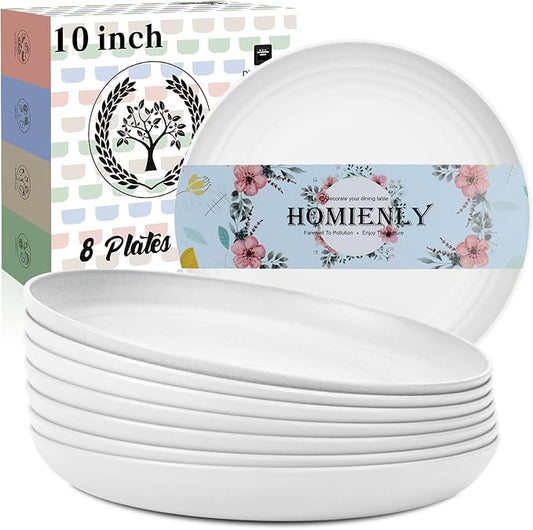 Homienly Deep Dinner Plates, Wheat Straw Plates 10 inch Set of 8, Unbreakable Plates for Kitchen, Kids, Lightweight Microwave and Dishwasher Safe Camping Plate Set for Salad, Dinner, Fruit - White