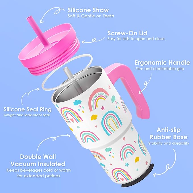 Rainbow Tumbler 20oz with Handle and Silicone Straw Lid for Kid, Insulated Stainless Steel Cup, Gift for Kids Girls, Gifts Idea for Birthday Christmas Back to School