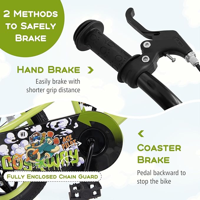 BABY JOY Rabbit Pilot Sporty Kids Bike, 12 14 16 18 Inch Child Bike for 3-8 Years Old with Adjustable Height, Training Wheels, Storage Basket, Handbrake & Coaster Brake, Kids Bicycle for Girls Boys