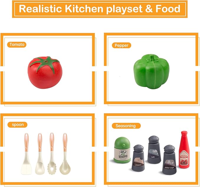 Bruvoalon 32Pcs Kids Play Kitchen Toys Set, Toddlers Pretend Cooking Playset Acccessories with Pots Pans, Utensils Cookware, Foods, Canned Veges, Learning Gift for Kids Girls Boys (Pink)