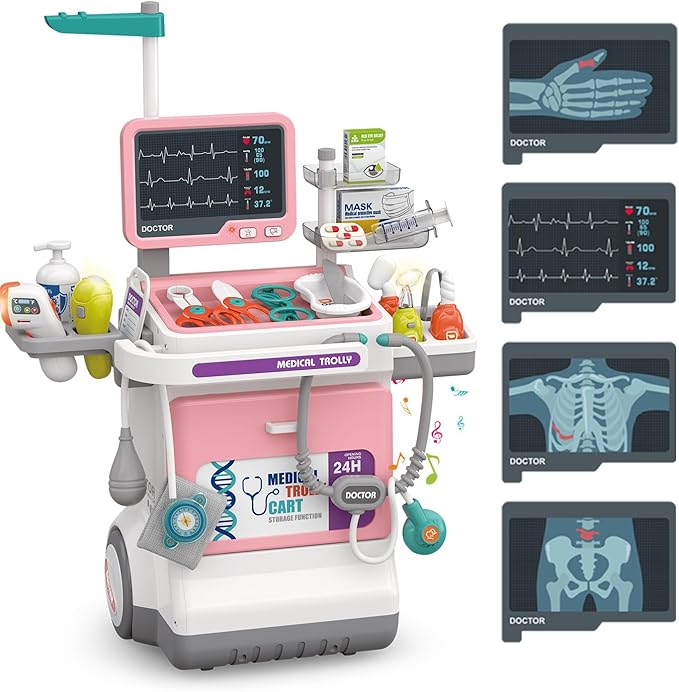 Doctor Kit for Kids Pretend Medical Station Set for Boys & Girls Mobile Cart with Kids Play Set for Ages 3 and Up Children Role Play Educational Toys (Pink)