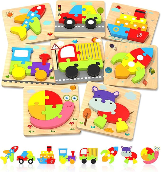 Yetonamr Wooden Toddler Puzzles Gifts Toys for Boys Girls, 8 Vehicle Shape Montessori Toy Educational Blocks Kids Toys Gift Baby Learning Toy