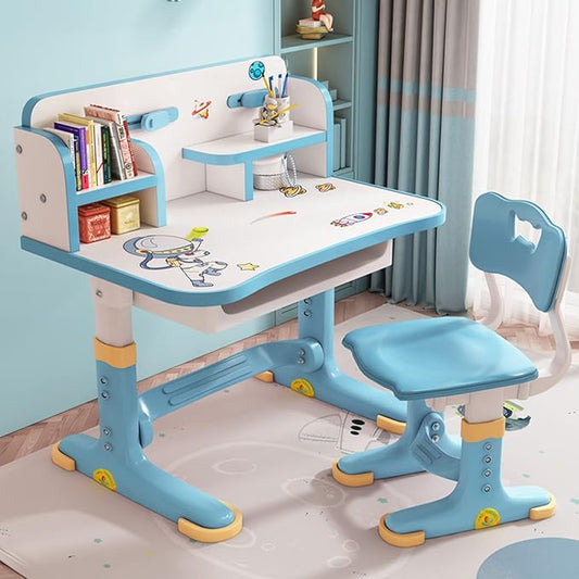 Kids Desk and Chair Set, Height Adjustable Kids Desk with Storage Drawers and Bookshelf, Ergonomic Table for Kid, Curved Desktop Reading Writing Table (Blue)