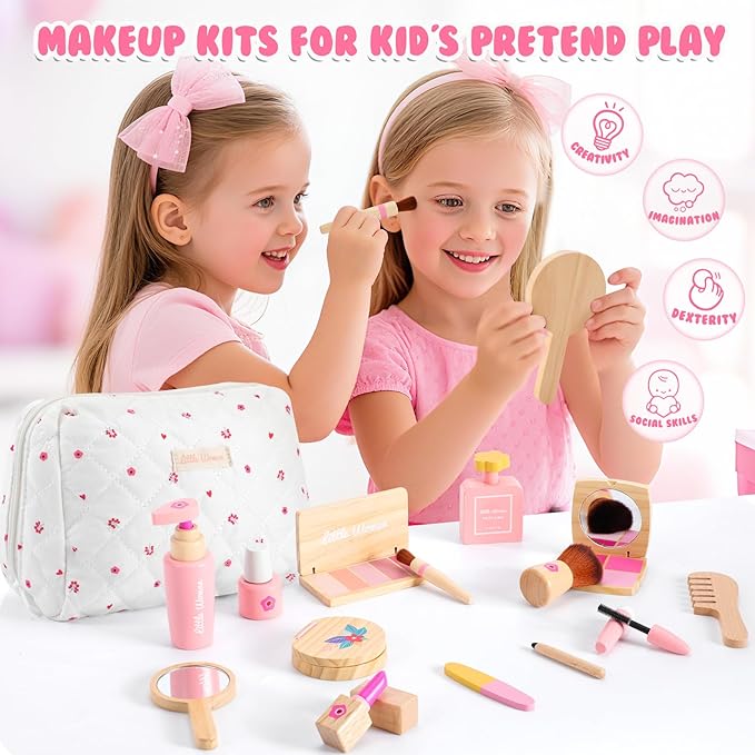 Wooden Makeup Toy Set for Girls: Pretend Makeup Play Set for Toddlers 3-5 - Kids Makeup Set with Eyeshadow/ Mascara/ Mirror/ Bag - Gifts Toys for 3 4 5 6 7 8 Years Old Kids Children