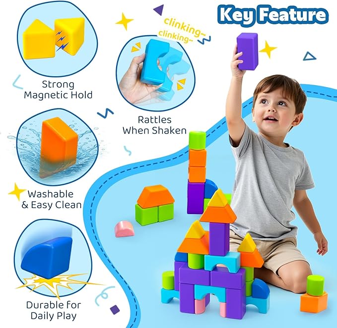 Magnetic Building Blocks, 37PCS Magnetic Blocks for Kids Ages 4-8, 3D Multi-Shape Stacking Blocks, Sensory Montessori Magnet Cubes Toys for Boys & Girls Ages 4+