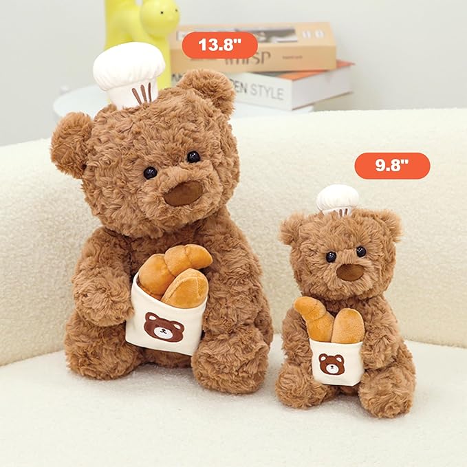PEACH CAT Chef Teddy Bear Stuffed Animal Holds Toast Bread Bag Cute Bear Plush Soft Plushies Toy Pillow Gifts for Kids Brown 9.8"