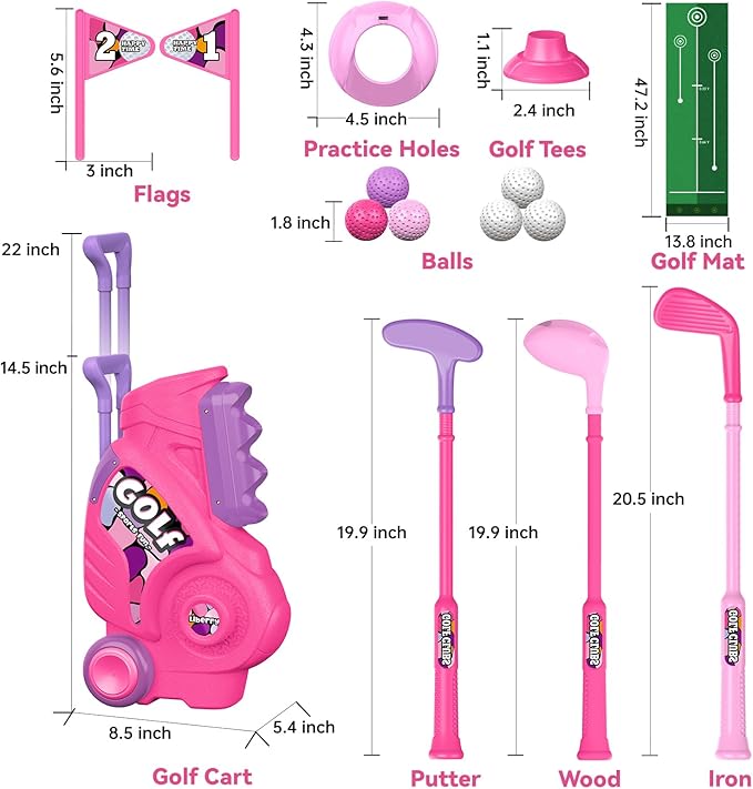 Liberry Toddler Golf Set with Putting Mat for 2 3 4 Years Old Boys Girls, Upgraded Kids Golf Cart with Unique Shoulder Strap Design, Indoor and Outdoor Golf Toys Gifts (Pink)