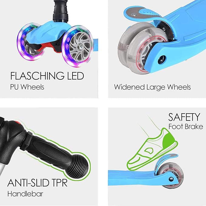 Kids Kick Scooter, 3 Wheeled Scooter for Kids, Child/Toddlers Toy, Adjustable Height, Anti-Slip Deck, Flashing Wheel Lights, for Boys/Girls 3-12 Year Old