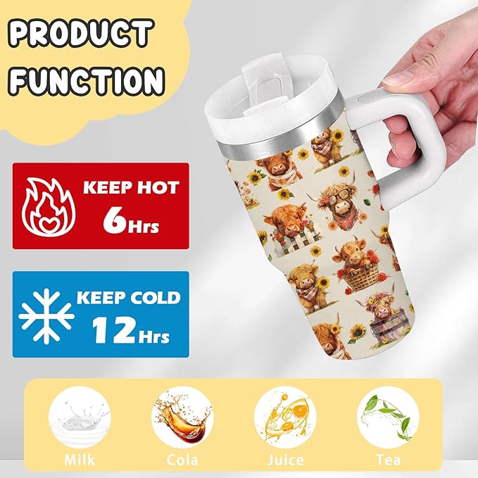 Highland Cow Gifts - 14oz Kids Highland Cattle Yak Tumbler with Handle and Straw, Stainless Steel Insulated Water Cup, for Boys & Girls, Travel - Farm Animal Cow Children Birthday Gift Cup(1pc)