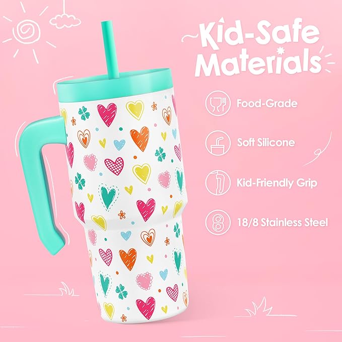 Heart Design Kid 20oz Tumbler with Handle and Silicone Straw Lid, Insulated Stainless Steel Cup, Gift for Kids Girls, Gifts Idea for Birthday Christmas Back to School