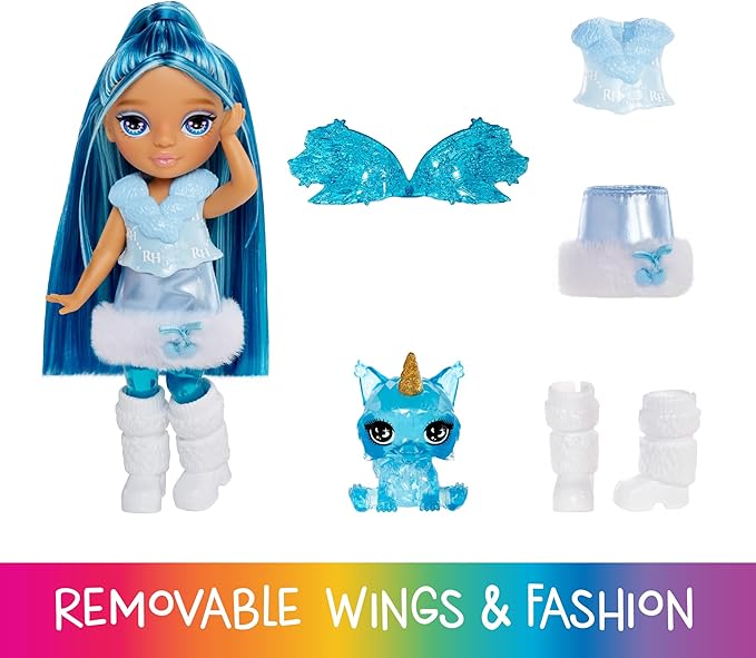 Rainbow High Littles Rainbow Fantasy Fairies + Pet – Sapphire, Blue 5.5" Posable Small Doll & Fantasy Dog Pet with Interchangeable Fairy Wings, Kids Gift 4+