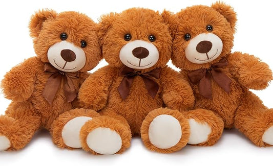 MorisMos 3Pcs Teddy Bears Bulk Baby Shower, 14inch Cute Teddy Bear Stuffed Animals Plush, Small Stuffed Bears on Centerpiece Baby Shower, Dark Brown