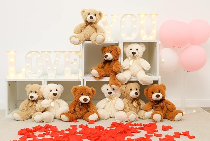 MaoGoLan Bulk Teddy Bears, 9 Packs Bulk Stuffed Animals, Small 13.8 Inch Plush Teddy Bear Toys Gift for Boys Girls Birthday Party (White/Brown/Dark Brown)