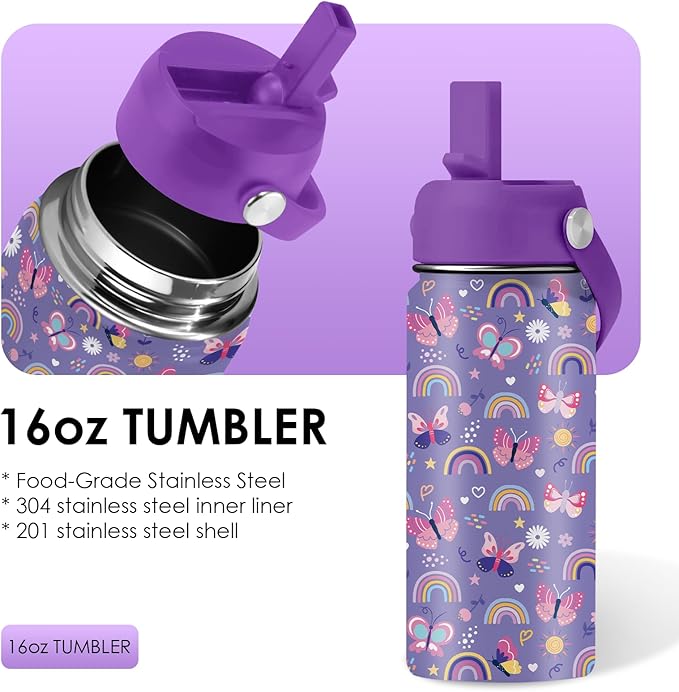 Butterfly Gifts - 16oz Purple Kids Water Bottle with Straw Lid, Stainless Steel Insulated Tumbler, Leakproof, BPA-Free, for Girls, School, Travel - Butterfly Rainbow Themed Birthday Gift Cup (1pc)