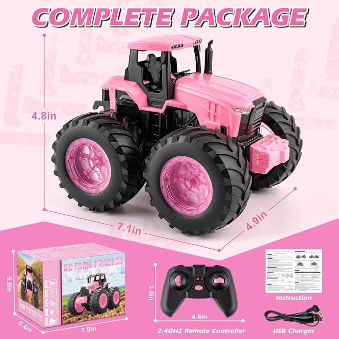 Remote Control Monster Tractor Toy for 3, 4, 5, 6, 7 years old, Pink Light Up Monster Trucks Toy with LED Lights Toddlers RC Farm Vehicle Toys for Boys ＆ Girls Ideal Christmas, Birthday Gifts for Kids