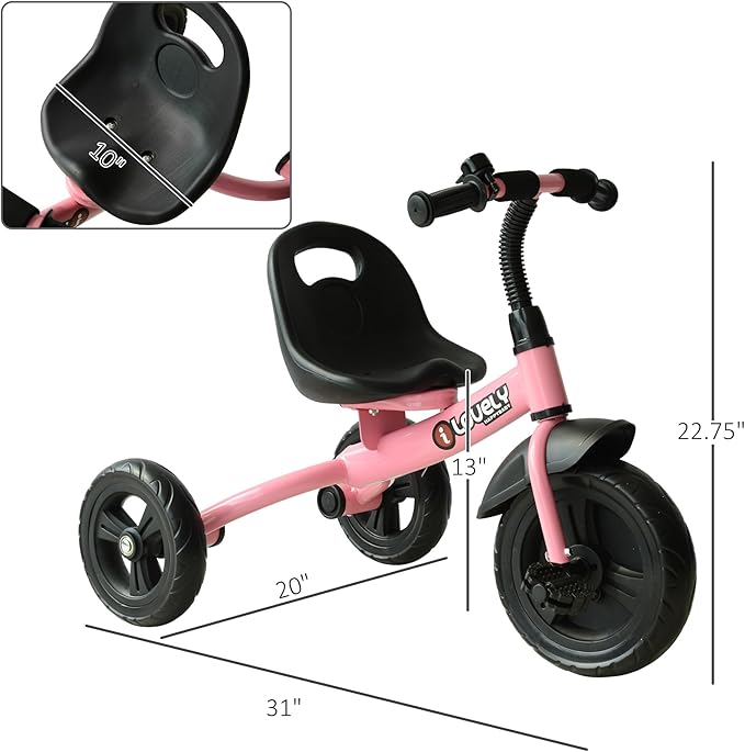 Qaba Toddler Tricycle, Kids Trike, 3-Wheel Bike for Toddlers 2-5 Years, Recreation Baby Tricycle for Boys and Girls with Bell Indoor Outdoor, Pink
