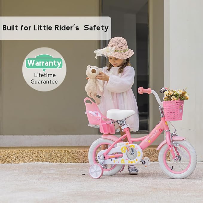 Glerc Maggie Girls Bike, 12-20 Inch Kids Bike for 2-13 Years Old Children, Princess Style Kids Bicycle with Doll-Seat & Basket & Training Wheels, Multiple Colors