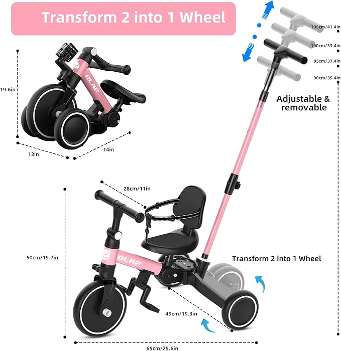 Glaf Tricycle for Toddlers 1-3 Toddler Bike Tricycles with Push Handle 2-4 Years Baby Bike Boys and Girls Balance Bike Birthday Toys with Removable Pedals Adjustable Seat Height and Backrest (Pink)