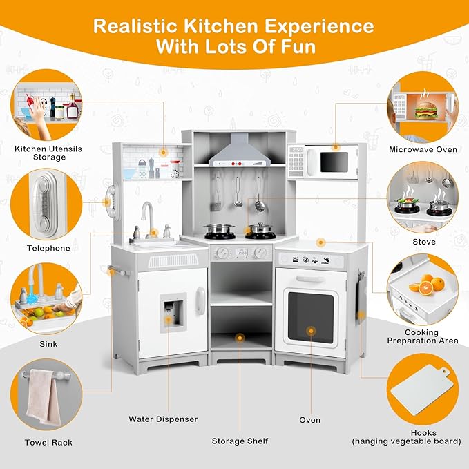 JOYLDIAS Kids Play Kitchen,Corner Wooden Pretend Toddler Kitchen Toys Playset, Realistic Lights & Sounds,Microwave Oven,Water Dispenser, Phone, Sink,Cooking Accessories, for Toddlers Ages 3+, White