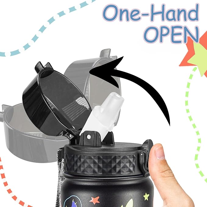 GOPPUS Kids Water Bottle (Straw Lid) - 14 Oz Stainless Steel Travel Bottle, Double Wall Vacuum Leak Proof Kids Cup for School Boys Girls,Space dinosaur